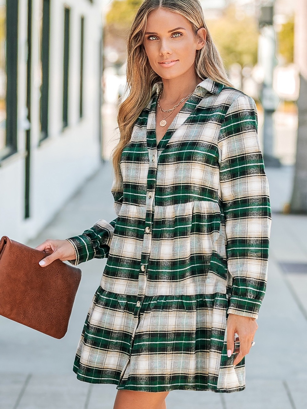 Cupshe Plaid V-Neck Tiered Mini Shirt Dress Green Cream Large - Picture 8 of 9